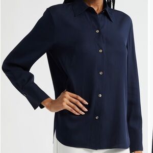 Vince Navy Silk Stretch Button-Up Shirt Xl